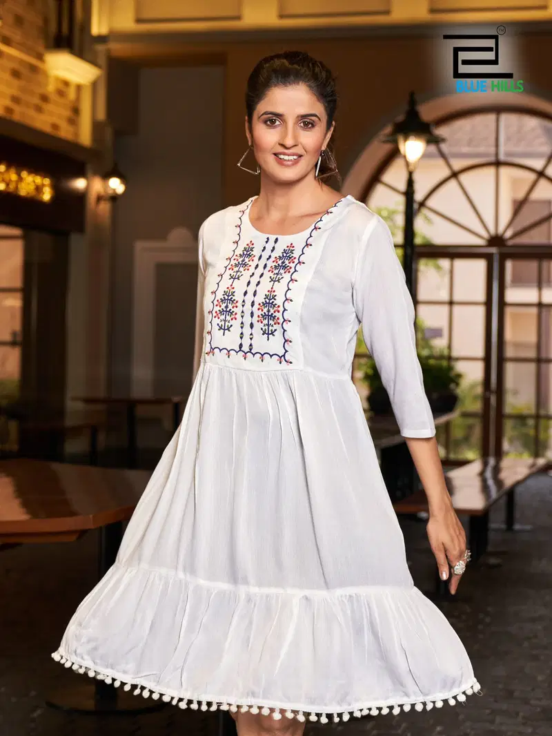 Ellie By Blue Hills Rayon Embroidery Party Wear Kurtis Wholesalers In Delhi
